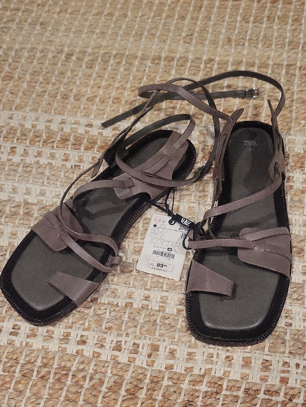 Zara Taupe Strappy Lace-Up Square-Toe Sandals